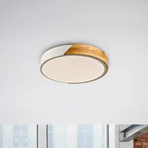 JUST LIGHT. Plafonnier LED Bila, blanc, Ø 32 cm, bois