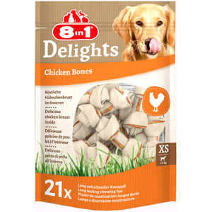 Comparateur de prix : 8 In 1 - Sachet 21 os à mâcher garnis de viande de poulet Delights pour chien