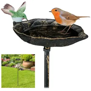 Relaxdays Abreuvoir pour oiseaux en fonte, avec pic de terre,Décoration pour jardin, Mangeoires, 1 m de hauteur, bronze