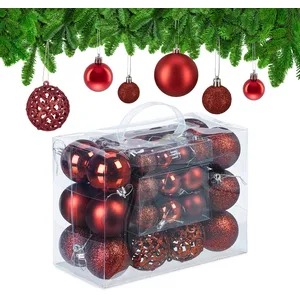 Relaxdays Boules de Noël, Lot de 50, Paillettes, Mates, Brillantes, décoration Sapin, Plastique, D : 3, 4 et 6 cm, Rouge
