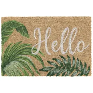 Relaxdays Paillasson Coco, Inscription Hello, résistant aux intempéries, 40x60 cm, intérieur et extérieur, Naturel/Vert