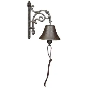 Relaxdays Cloche en fonte, design antique, sonnette vintage pour jardin, avec corde, extérieur, accessoire mural, marron pas cher