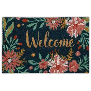 Relaxdays Paillasson floral en fibres de coco, antidérapant, inscription Welcome, 60x40 cm, intérieur/extérieur, coloré pas cher