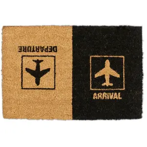 relaxdays Paillasson Fibre de Coco Arrival Departure, Tapis, Motif Avion, intérieur & extérieur, 40x60 cm, Nature/Noir