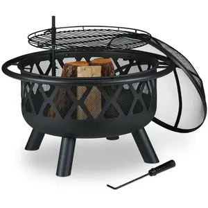 Relaxdays Brasero avec Grillage, avec Protection étincelles & tisonnier, terrasse, D 75 cm, Jardin et terrasse, NoirVendu paramazon