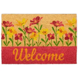 Relaxdays Paillasson coco, inscription welcome & motif fleurs, tapis intérieur & extérieur, 40x60 cm, nature/rouge pas cher