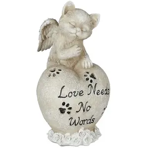 Relaxdays Décoration pour la Tombe de Votre félin, en Forme de coeur, Chat ailé, résistant aux intempéries, crème