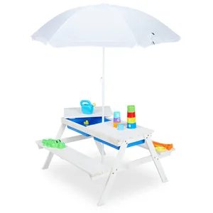 Comparateur de prix : Relaxdays Table de jardin pour enfants, en bois, bacs pour jouer avec l eau et le sable, parasol inclus, blanche
