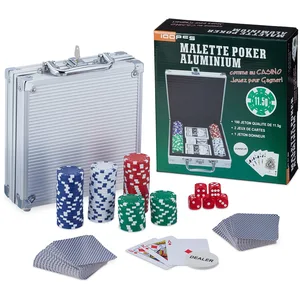 Relaxdays Coffre de Poker, 100 jetons sans Valeur, 2 Jeux Cartes, 5 dés, Bouton Croupier, verrouillable, argenté