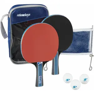 Relaxdays Lot tennis de table, pochette, filet, 2 raquettes, 3 balles ping pong, jeu intérieur, extérieur, rouge-noir