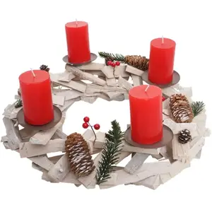 HHG Couronne de l'Avent ronde, décoration de Noël, bois, ø 40cm, blanc / gris, avec des bougies, rouge pas cher