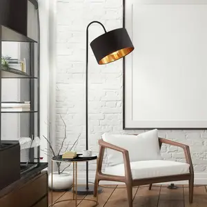 Comparateur de prix : B.K.LICHT Lampadaire rétro pivotant I abat-jour en tissu noir et doré I E27 I câble de 140 cm I salon I chambre I moderne