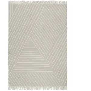 Tapis tissé main pure laine vierge à franges gris et beige 80x150 pas cher