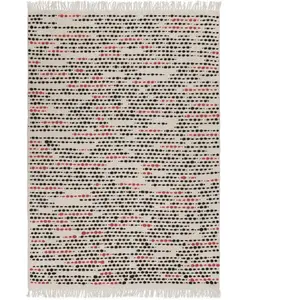 Tapis tissé main pure laine à franges rouge et noir fond beige 80x150 pas cher