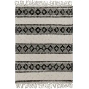 Esprit Tapis kilim ethnique tissé à franges et relief noir et blanc 80x150 pas cher