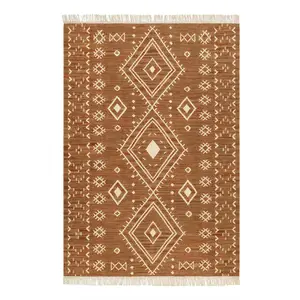 Green Loop Tapis ethnique tissé main laine et coton brique beige 130x190 pas cher