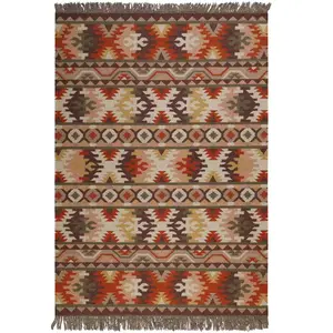 Green Loop Tapis kilim pure laine tissé main ethnique chic à franges 80x150 pas cher