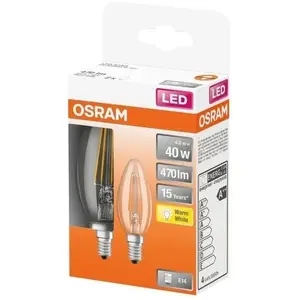 Comparateur de prix : OSRAM - Boite de 2 LED flamme verre clair 4W E14 470lm 2700K chaud