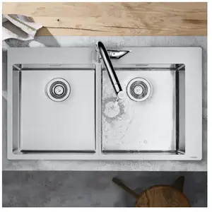 Evier à encastrer 2 bacs S71 1 trou sans vidage inox Hansgrohe pas cher