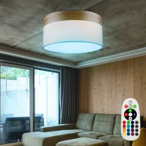 ETC-SHOP Plafonnier couloir textile abat-jour lampe bois beige télécommande dan... pas cher