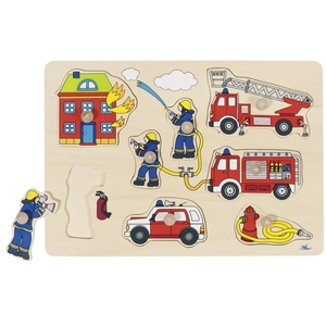 Puzzle à encastrements - GOKI - Pompiers - 8 pièces - Boutons en bois pas cher