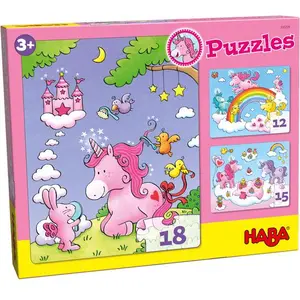 HABA Puzzles de 12 à 18 pièces : 3 puzzles : Licornes dans les nuages