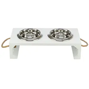 Trixie be nordic set mangeoire/bol à eau bois/acier inoxydable blanc 2 x 400 ml 38 x 18 x 10 cm