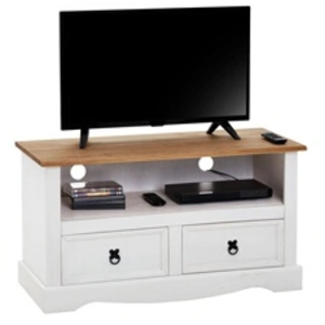 Idimex Meuble TV CAMPO banc télévision en pin massif blanc et brun avec 2 tiroirs et 1 niche, meuble de rangement style mexicain en bois pas cher