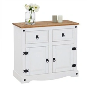 Idimex Buffet CAMPO commode bahut vaisselier en pin massif blanc et brun avec 2 tiroirs 2 portes meuble de rangement style mexicain en bois pas cher