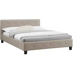 Idimex Lit double mathieu, 140 x 190 cm, capitonné avec sommier, revêtement en tissu beige