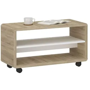 Idimex Meuble TV sur roulettes ISABA avec 2 niches de rangement, meuble télé en mélaminé chêne sonoma et blanc pas cher
