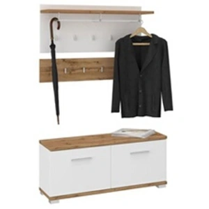 Comparateur de prix : Idimex Ensemble banc de rangement à chaussures et porte manteau mural viella en mélaminé couleur chêne wotan et blanc