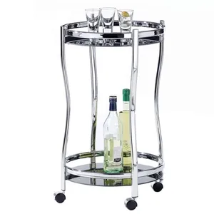 Idimex Chariot de service VEGA table d'appoint ronde sur roulettes chariot à thé et boisson en métal chromé 2 étagères en verre trempé
