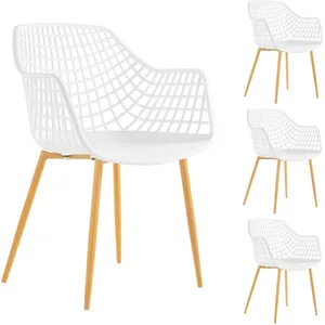 Comparateur de prix : Idimex Lot de 4 chaises LUCIA pour salle à mange design retro avec accoudoirs, coque en plastique blanc et pieds en métal décor chêne