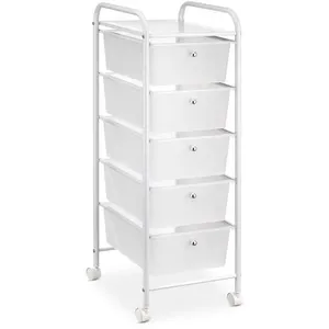 Comparateur de prix : Idimex Caisson sur roulettes GINA chariot 5 tiroirs en plastique blanc transparent et 1 tablette, meuble de rangement en métal laqué blanc