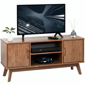 Idimex Meuble TV TIVOLI banc télé de 114 cm design vintage scandinave nordique 2 portes et 2 niches, en pin massif lasuré brun foncé pas cher
