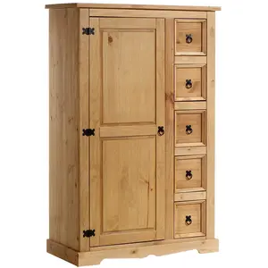 Idimex Buffet 1 porte 5 tiroirs en bois massif, coloris naturel pas cher