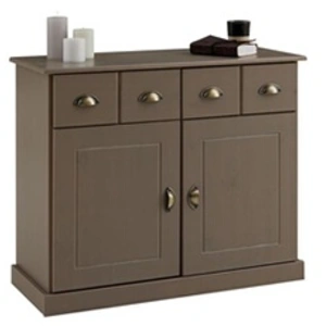 Idimex Buffet PARIS commode bahut vaisselier avec 2 portes battantes et 2 tiroirs pin massif lasuré taupe