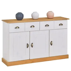 Idimex Buffet PARIS commode bahut vaisselier avec 3 portes battantes et 2 tiroirs pin massif lasuré blanc et brun