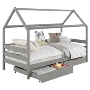 Idimex Lit cabane CLIA 90 x 190 cm avec tiroirs, en pin massif lasuré gris