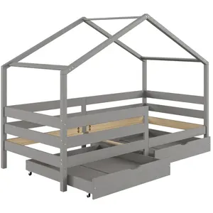Idimex Lit cabane ENA avec tiroirs, 90 x 190 cm en pin massif lasuré gris pas cher