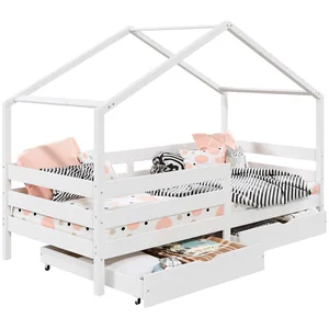 Idimex Lit cabane ena avec tiroirs, 90 x 200 cm en pin massif lasuré blanc pas cher
