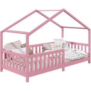 Idimex - Lit cabane lisan 90 x 190 cm, en pin massif lasuré rose pas cher