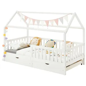 Comparateur de prix : Idimex Lit cabane NUNA lit enfant simple montessori en bois 90 x 200 cm, avec rangement 2 tiroirs, en pin massif lasuré blanc