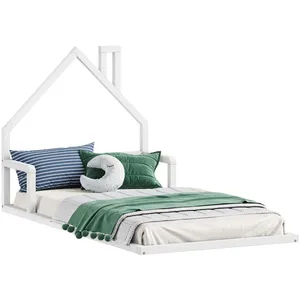 Comparateur de prix : Idimex Lit enfant ELOA lit au sol 90x200 cm de type Montessori, tête de lit en forme de maison, en pin massif lasuré blanc