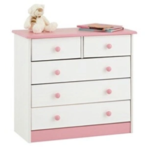 Comparateur de prix : Idimex Commode de chambre RONDO meuble de rangement avec 5 tiroirs, en pin massif lasuré blanc et rose