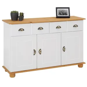 Idimex Buffet COLMAR commode bahut vaisselier meuble bas rangement avec 2 tiroirs et 3 portes, en pin massif lasuré blanc et brun