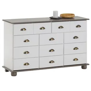 Idimex Commode apothicaire colmar en pin massif, 11 tiroirs, lasuré blanc et taupe