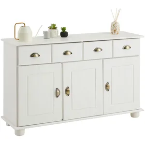 Idimex Buffet COLMAR commode bahut vaisselier meuble bas rangement avec 2 tiroirs et 3 portes, en pin massif lasuré blanc