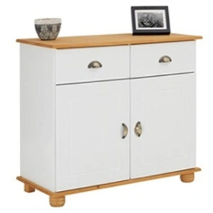 Idimex Buffet COLMAR commode bahut vaisselier meuble bas rangement avec 2 tiroirs et 2 portes, en pin massif lasuré blanc et brun
